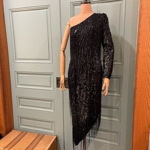 Vintage Cache silk 1 sleeve sequin dangle beads asymmetrical hem cocktail dress